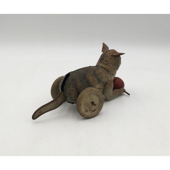 Antique Tin Wind-Up Cat Toy with Wood Ball Pull Toy Hand Painted - Picture 5 of 10